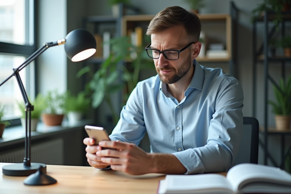 Homme prenant en photo un objet avec son smartphone dans un bureau