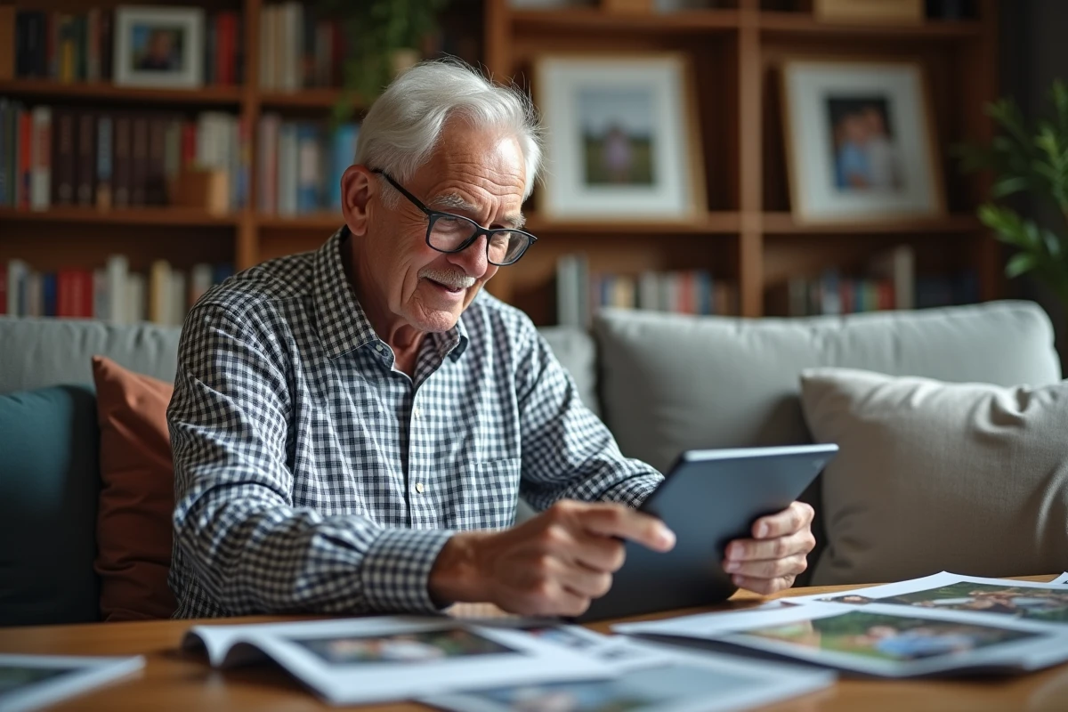 Homme âgé organisant des photos de famille sur la table