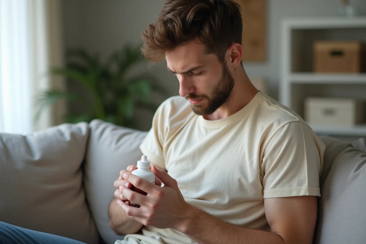 Jeune homme examinant son piercing dans un salon lumineux