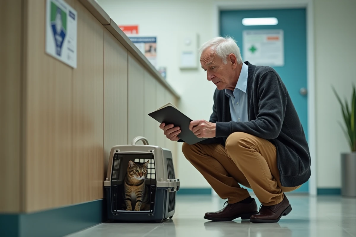 Homme âgé vérifiant dossier de santé de son chat à la clinique
