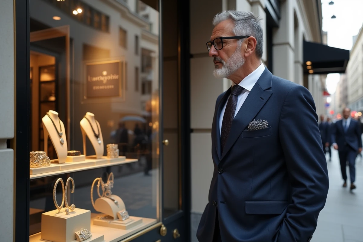 Homme en costume regardant la vitrine d