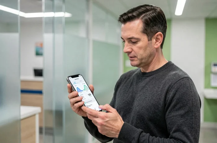 Homme consultant les fonctionnalités de Your Health Assistant sur smartphone dans une salle d'attente médicale