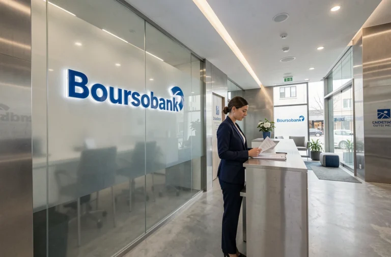 Intérieur moderne d'une agence Boursobank avec logo en verre dépoli et mobilier minimaliste épuré