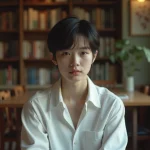 Jeune adulte contemplatif dans une bibliothèque chaleureuse