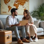 Jeune couple riant avec cartes de mariage dans un salon