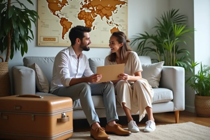 Jeune couple riant avec cartes de mariage dans un salon
