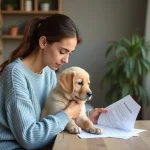 Jeune femme avec un chiot golden retriever pour assurance animal