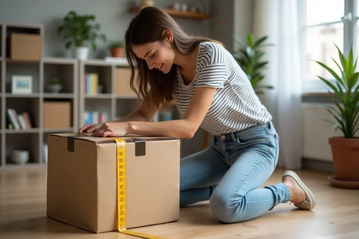 Jeune femme en jeans mesure un colis dans un salon lumineux
