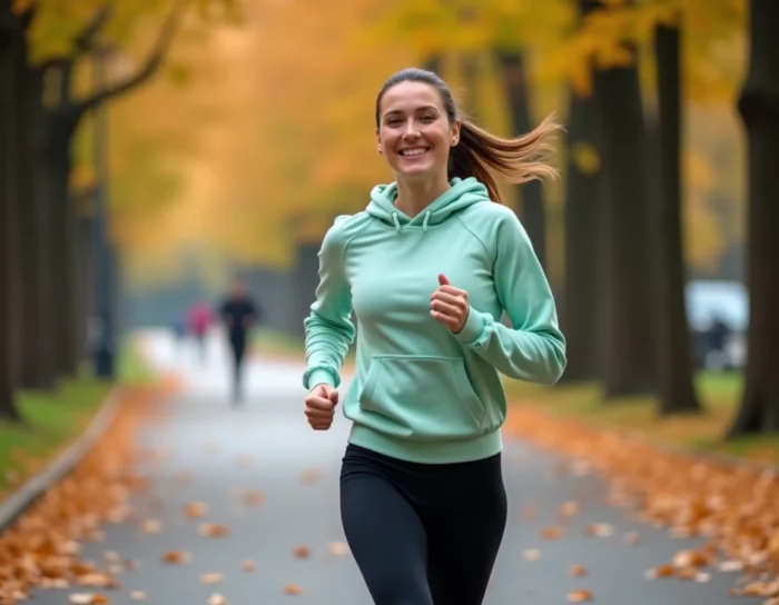 Femme faisant du jogging dans un parc urbain en automne pour améliorer sa santé physique et son bien-être