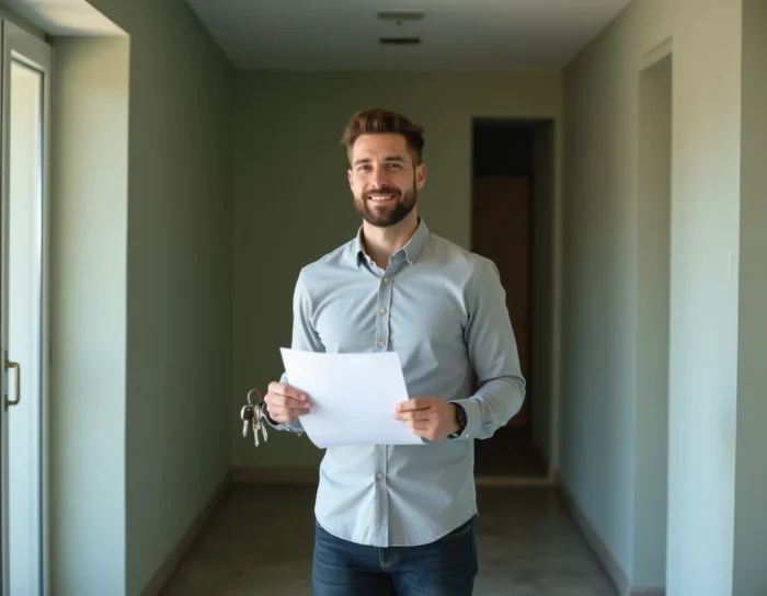 Locataire tenant un contrat de location et des clés dans le couloir d'un immeuble résidentiel, symbolisant la signature d'un bail trouvé via LocService