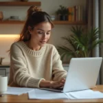 Femme consultant des annonces de location sur un ordinateur portable à une table en bois, illustrant la recherche d'appartement via LocService
