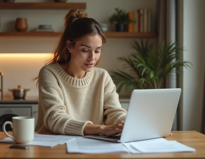 Femme consultant des annonces de location sur un ordinateur portable à une table en bois, illustrant la recherche d'appartement via LocService