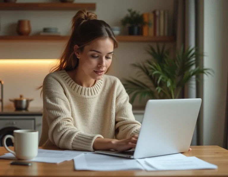 Femme consultant des annonces de location sur un ordinateur portable à une table en bois, illustrant la recherche d'appartement via LocService