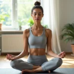 Femme pratiquant la méditation sur un tapis de yoga dans un salon minimaliste pour améliorer son bien-être quotidien