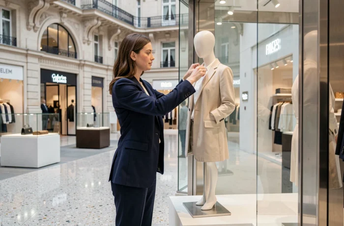 Merchandiseuse arrangeant une vitrine contemporaine dans les Galeries Lafayette, mêlant modernité et architecture haussmannienne