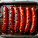 Merguez cuites au four sur une grille, avec une peau dorée et croustillante, prêtes à servir