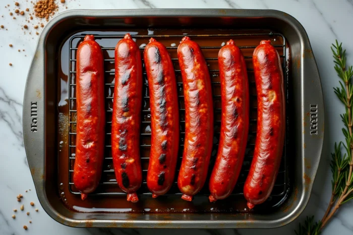 Merguez cuites au four sur une grille, avec une peau dorée et croustillante, prêtes à servir