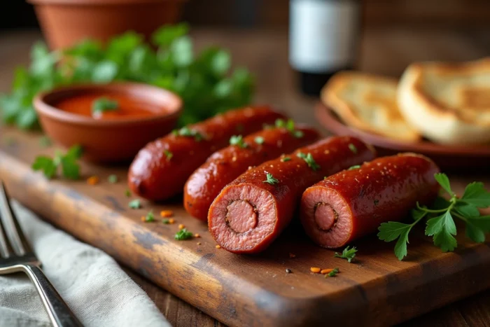 Plateau de merguez cuites au four tranchées, servies avec du pain pita, de la harissa et de la coriandre fraîche