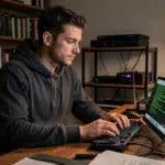 Homme utilisant Tor sur un ordinateur portable dans un bureau sombre pour naviguer anonymement sur le dark web