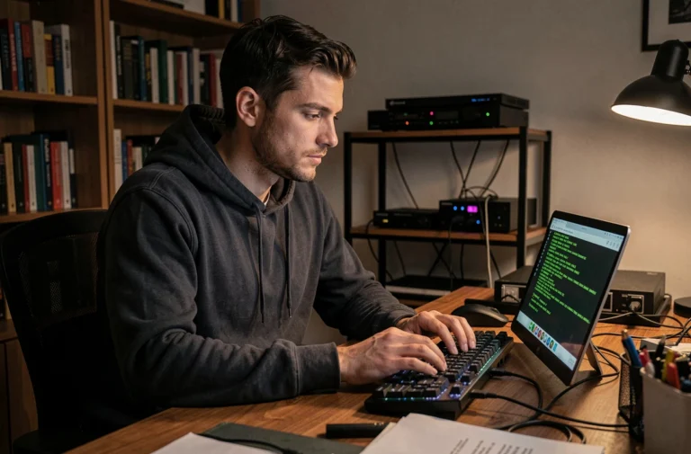Homme utilisant Tor sur un ordinateur portable dans un bureau sombre pour naviguer anonymement sur le dark web