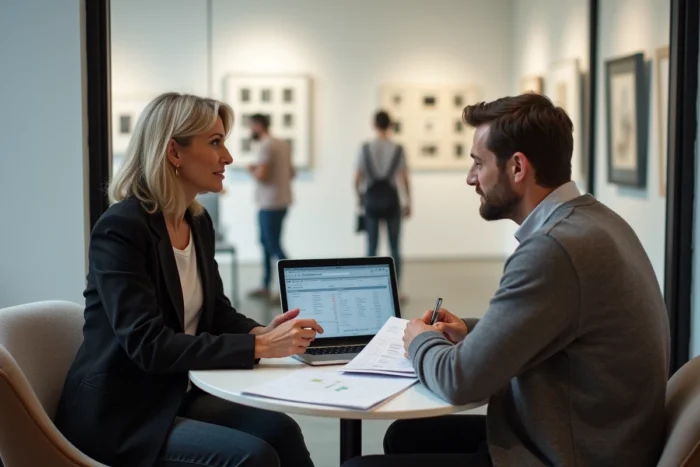 Négociation des frais d'exposition entre un artiste et une galeriste dans une galerie d'art
