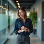 Femme cadre en pause dans un couloir de bureau moderne, regardant sa montre près du panneau de toilettes