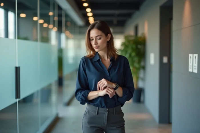Femme cadre en pause dans un couloir de bureau moderne, regardant sa montre près du panneau de toilettes
