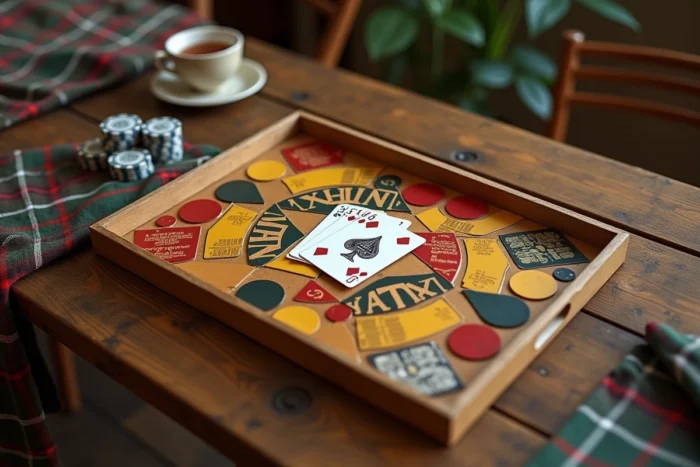 Vue de dessus du plateau de jeu Nain Jaune avec jetons, pièces et cartes à jouer sur une table en bois rustique