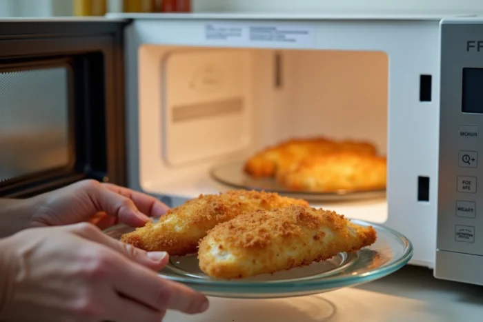 Mains déposant un cordon bleu sur une assiette en verre au micro-ondes dans une cuisine moderne