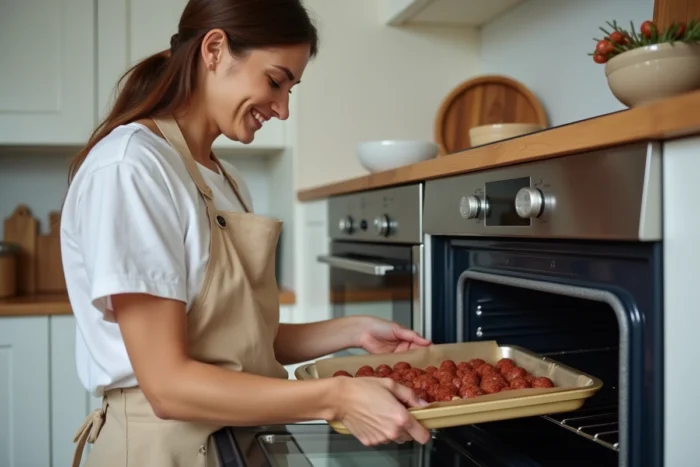 Femme disposant des merguez crues sur une plaque de cuisson tapissée de papier sulfurisé avant d'enfourner