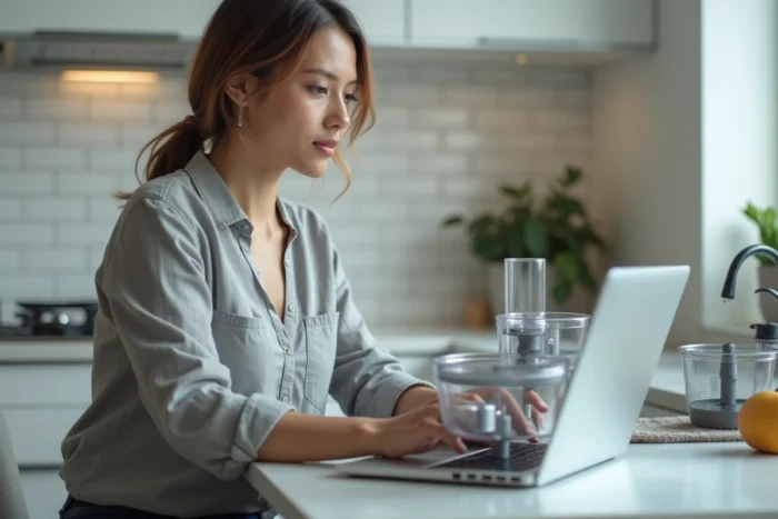 Femme recherchant un service de réparation de robot coupe sur un ordinateur portable dans sa cuisine moderne