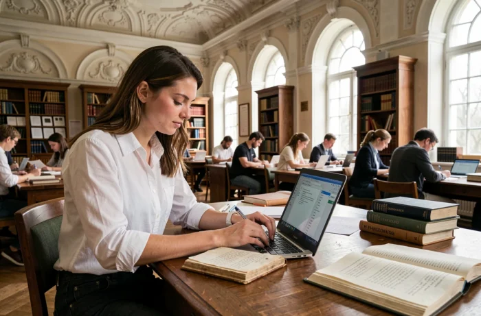 Jeune femme consultant un registre ancien et un ordinateur dans une salle de lecture d'archives nationales