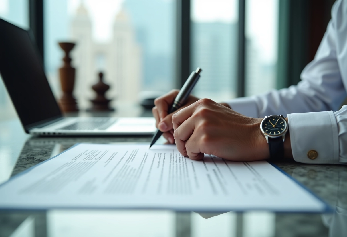 Mains signant un contrat financier dans une salle de réunion