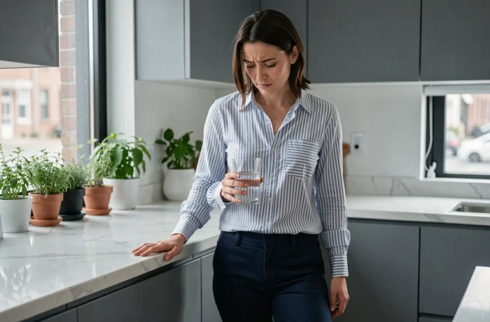 Femme ressentant un malaise matinal dans sa cuisine, symbolisant les signes inattendus de grossesse à surveiller
