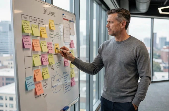 Homme stratège en marketing digital présentant un planning de contenu sur un tableau en verre dans un espace de co-working