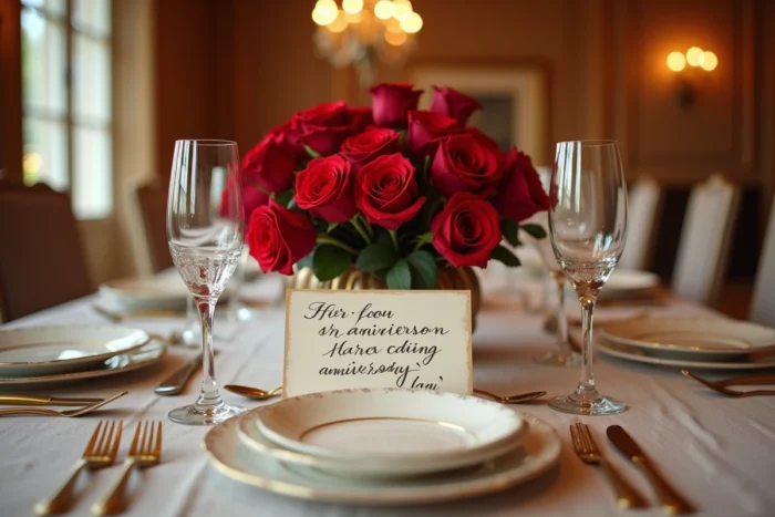 Table de fête élégante décorée pour un anniversaire de mariage de 40 ans avec discours humoristique manuscrit et roses rouges
