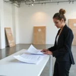 Galeriste analysant les contrats et tarifs d'exposition dans une galerie d'art contemporaine