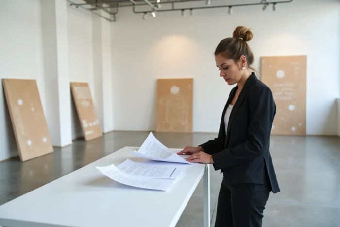 Galeriste analysant les contrats et tarifs d'exposition dans une galerie d'art contemporaine