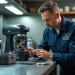 Technicien en atelier réparant un robot coupe avec des outils professionnels sur un établi en inox