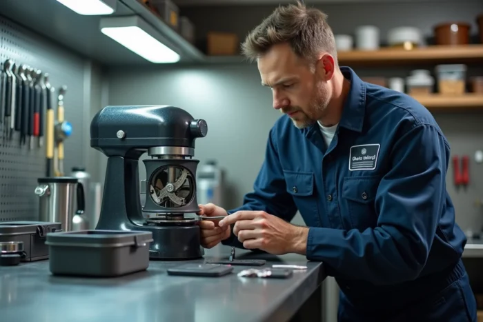 Technicien en atelier réparant un robot coupe avec des outils professionnels sur un établi en inox