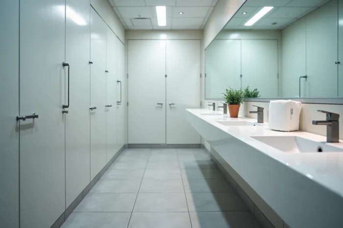 Sanitaires propres et modernes d'une entreprise, symbolisant les droits aux pauses toilettes sur le lieu de travail