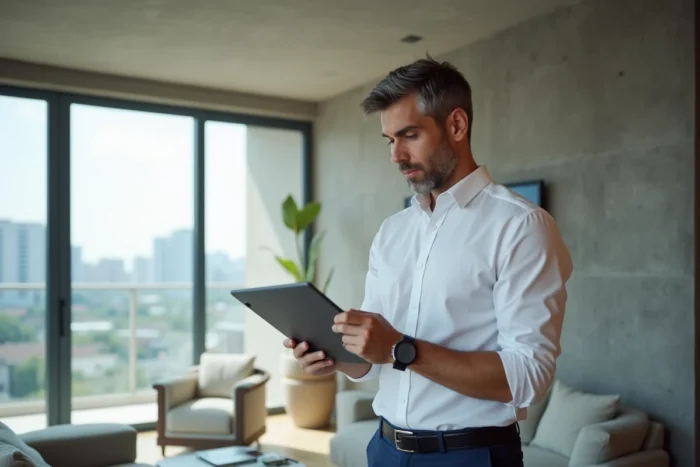 Agent immobilier utilisant une tablette pour une visite virtuelle dans un appartement moderne